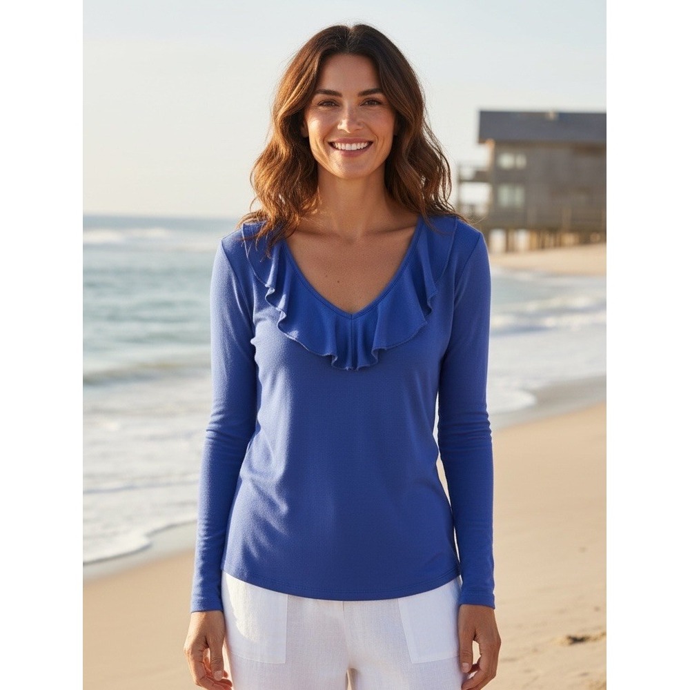 New Lilly Pulitzer Large Alessa Ruffle Long‎ Sleeve Shirt Blue Preppy Nautical L